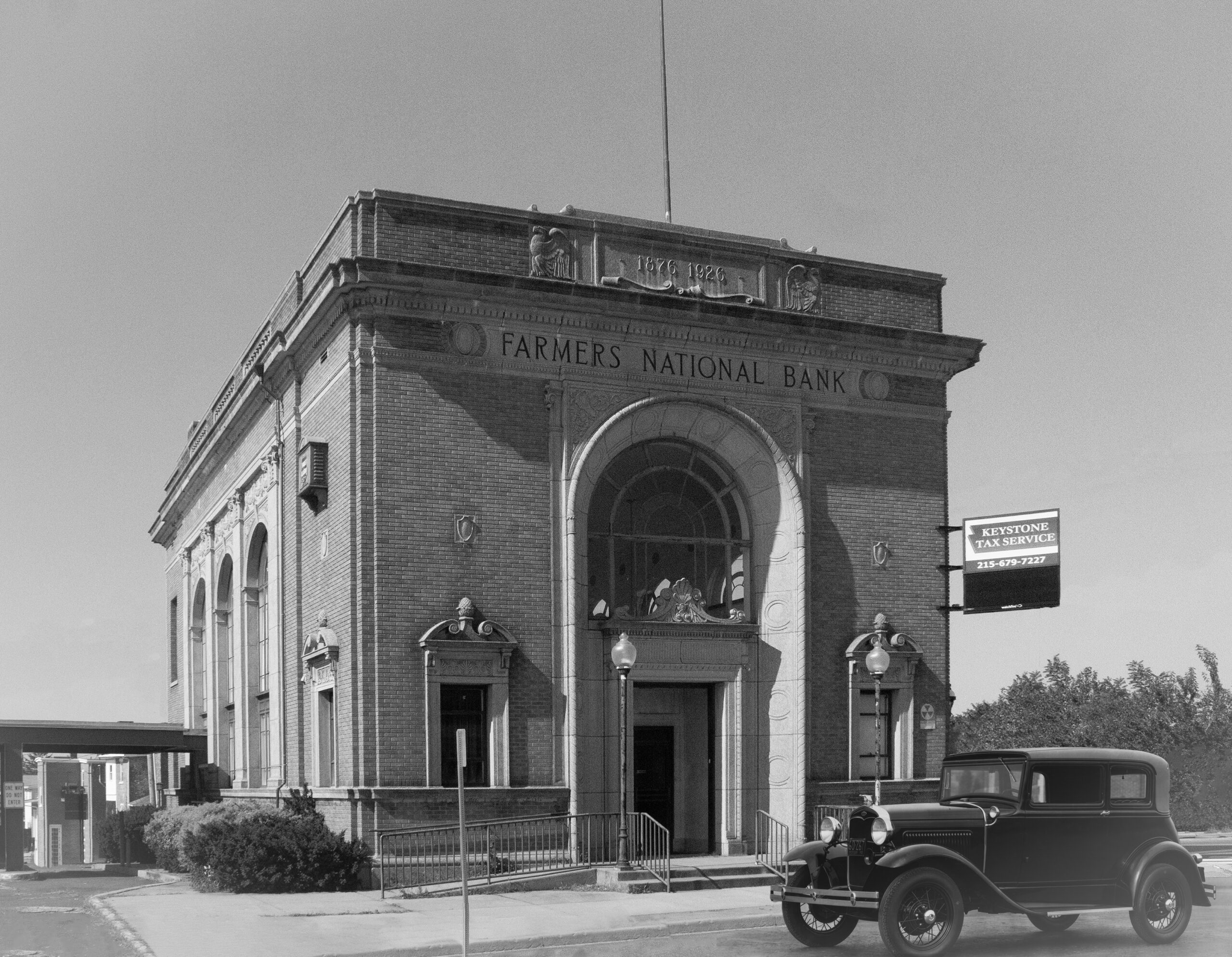 Exterior of the historic former Farmers Bank building at 405 Main Street in Pennsburg