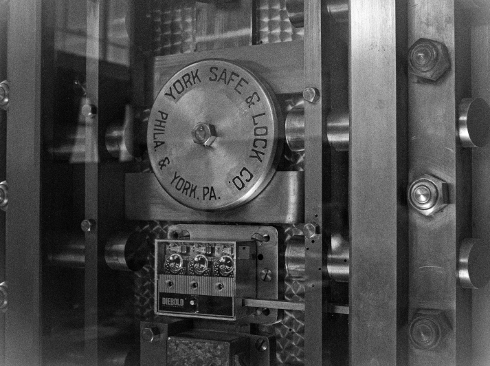 Historic bank vault mechanism inside the former Farmers Bank building